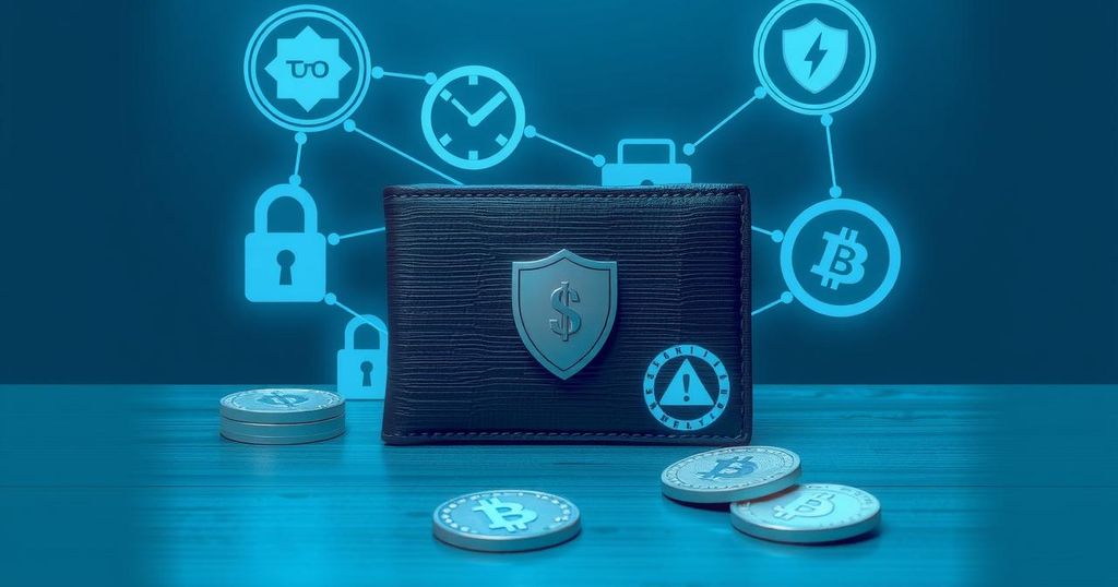 A secure hardware wallet placed on a desk, surrounded by visuals of digital locks, coins, and warning symbols, in cool blue tones.