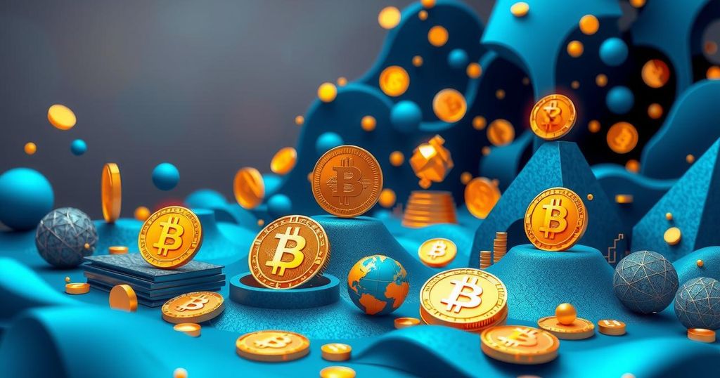 A futuristic digital landscape featuring Bitcoin icons and cryptocurrency symbols against a vibrant blue and gold background.
