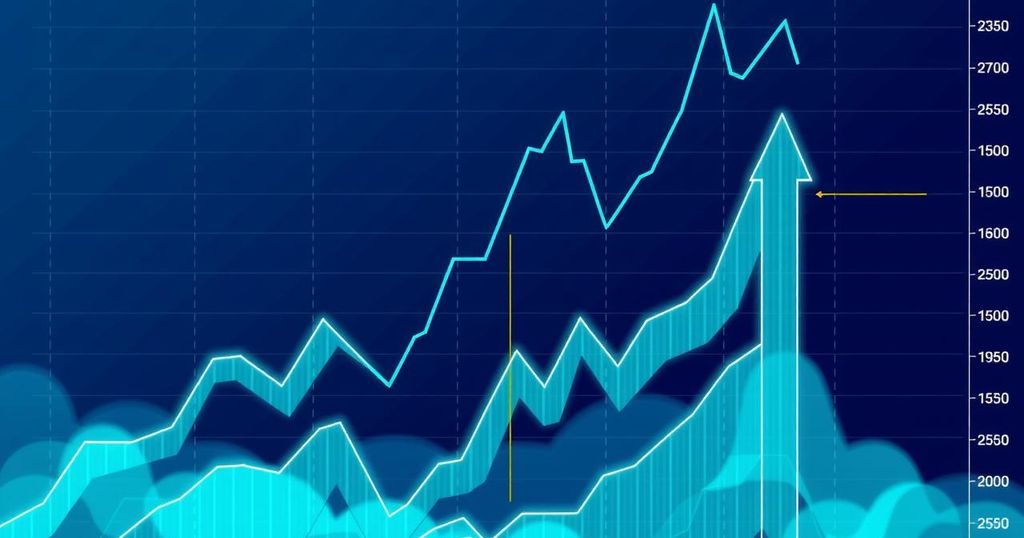 A vibrant cryptocurrency chart showing bullish patterns with upward trends and symmetrical shapes in blue and green.