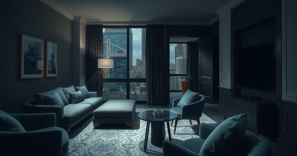 Upscale Manhattan apartment with modern decor and ominous atmosphere, evoking a sense of confinement and danger.