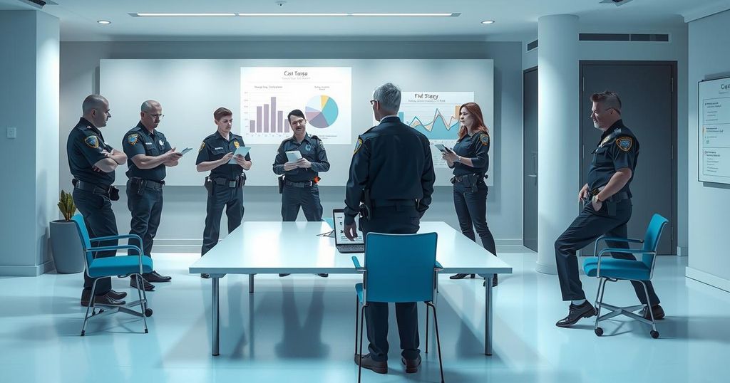 Enhanced security measures for crypto industry in France, featuring a police briefing in a modern office setting.