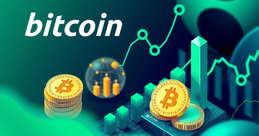A collection of Bitcoin symbols in a modern financial setting, showcasing ETFs and investment charts with green and blue tones.
