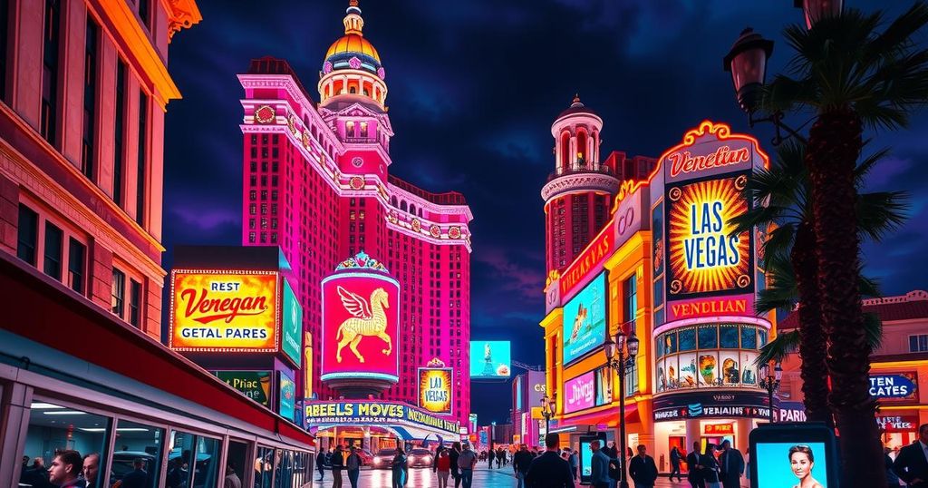 A vibrant Las Vegas Strip scene featuring The Venetian Resort, showcasing neon lights and a lively atmosphere.