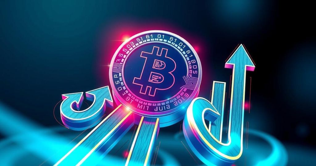 Vibrant digital representation of Bitcoin with upward arrows, depicting bullish market trends featuring blue and green colours.