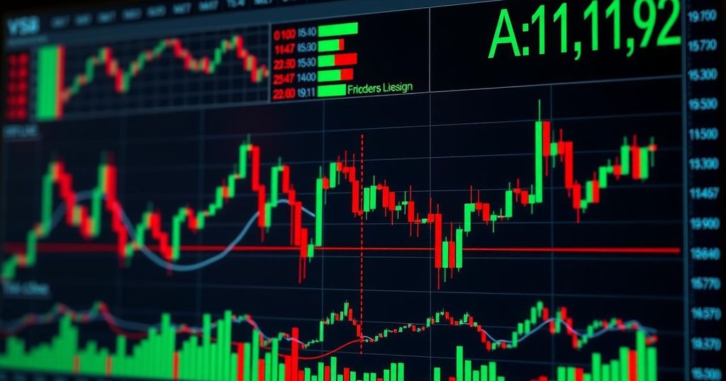 A sleek cryptocurrency trading interface showcasing charts, numbers, and vibrant green and red trends against a dark background.