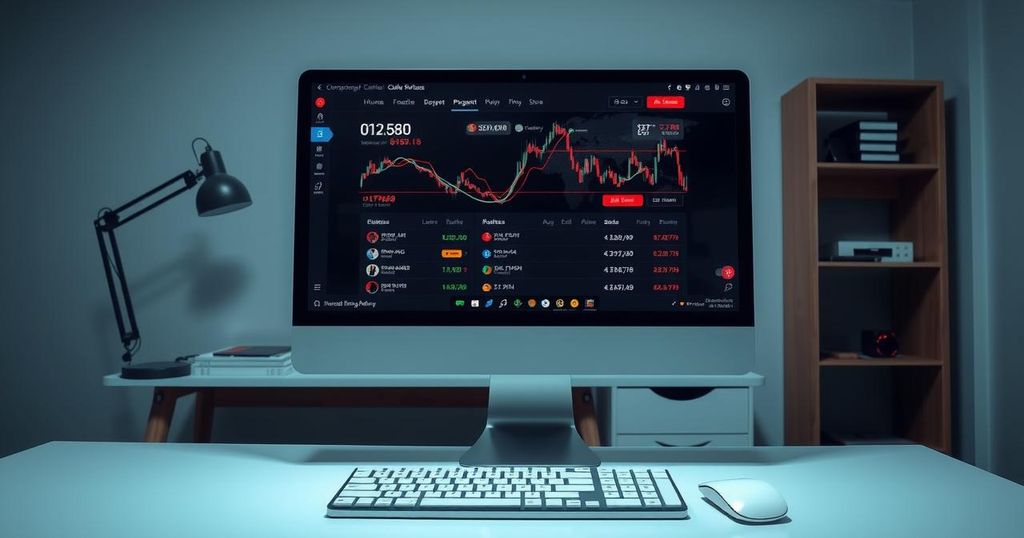 A computer screen displaying a fake cryptocurrency investment platform, in a modern office setting. Dark tones.