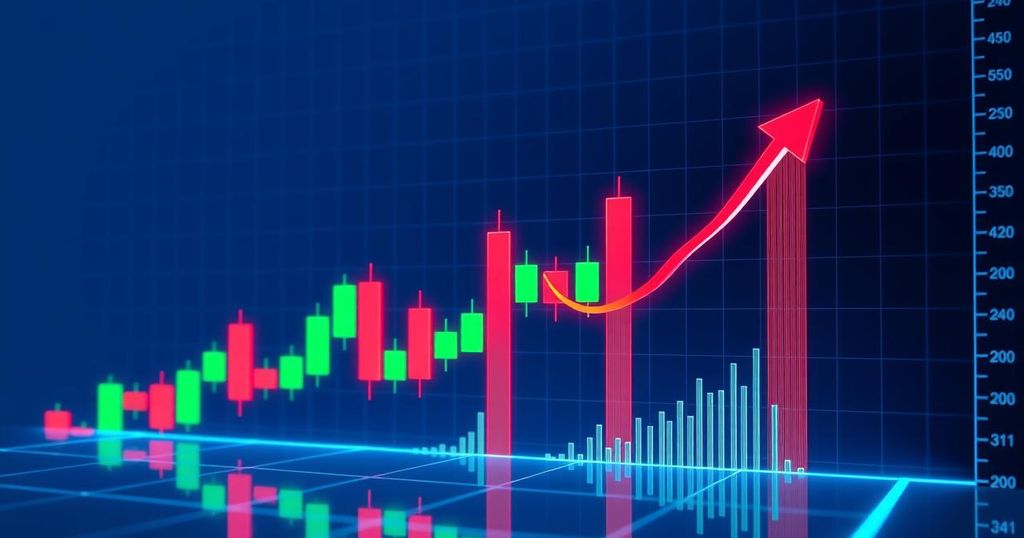 Bitcoin price chart with upward trend, featuring a mix of green and red candlesticks against a dark background.