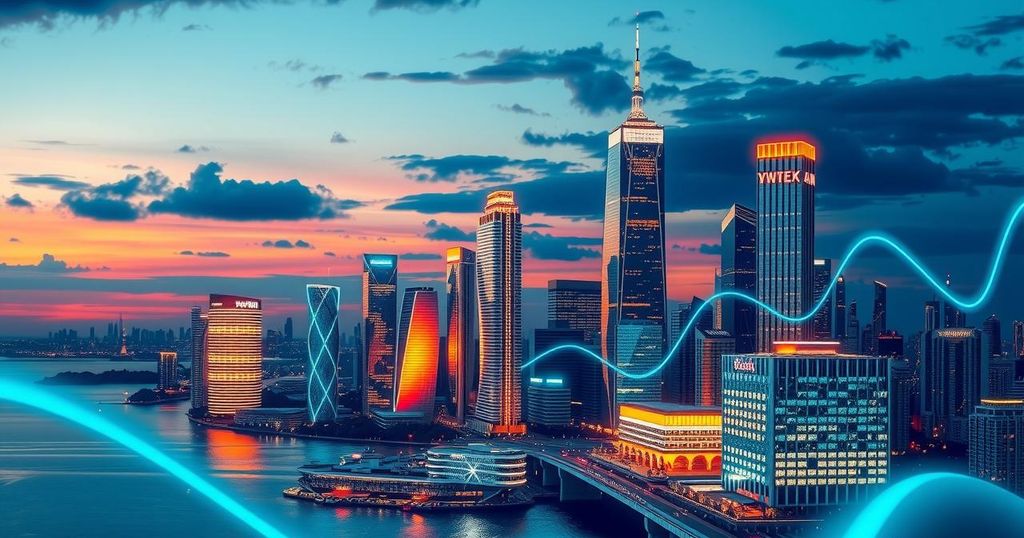 A futuristic city skyline depicted in a vibrant colour scheme with elements symbolising cryptocurrency growth and financial progress.