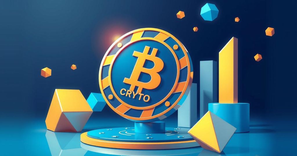 A stylised crypto token with a backdrop of abstract geometric shapes in blue and gold tones, representing digital finance.