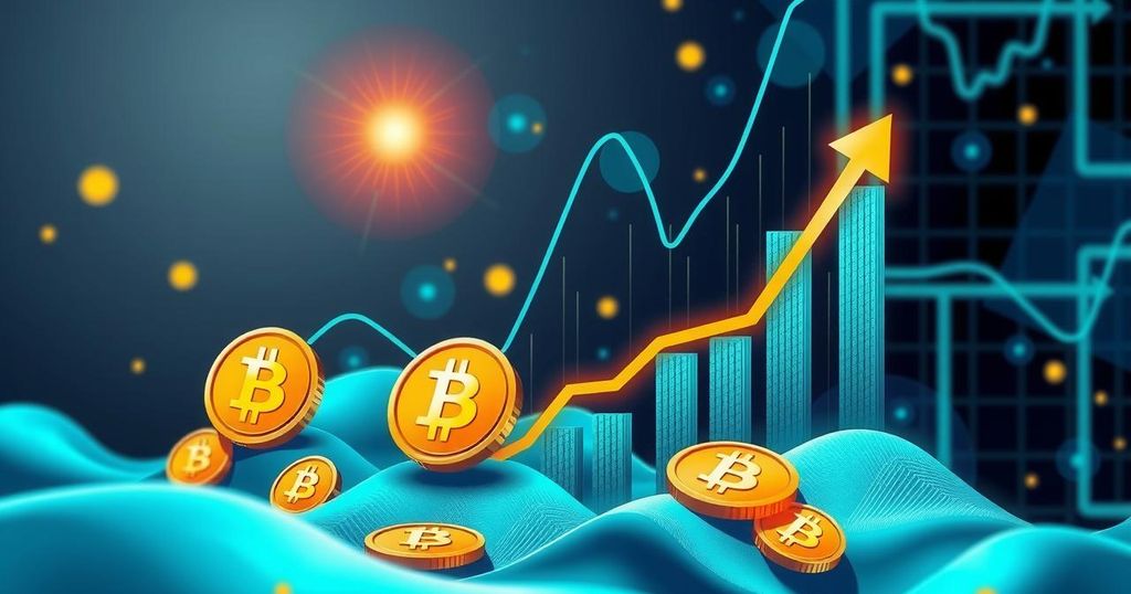 A futuristic digital landscape depicting rising Bitcoin value with stylized charts and a vibrant colour palette.