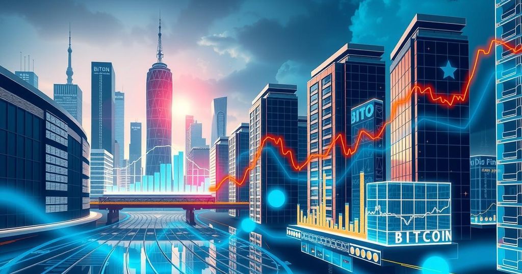 A digital representation of Bitcoin's growth and stability, featuring bullish trends and a futuristic cityscape.