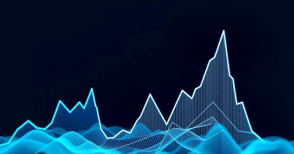 A graph showing fluctuating cryptocurrency values with dark and light blue tones and digital patterns.