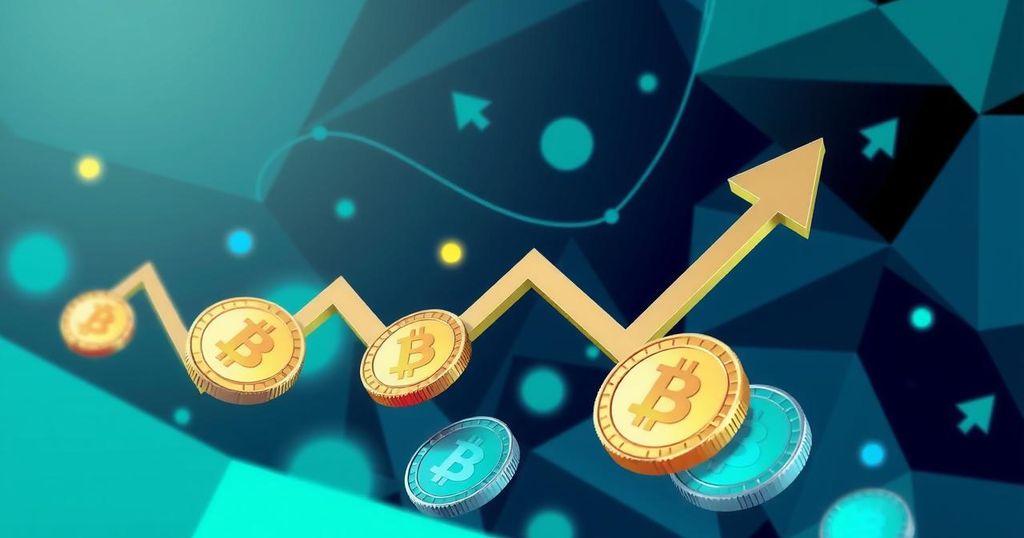 Abstract representation of Bitcoin market dynamics with arrows and digital coins in a blue and green colour scheme.