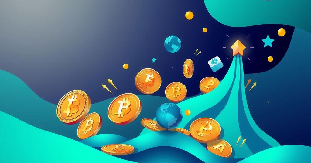 A digital representation of altcoins rising with vibrant colours, symbolising a shift in cryptocurrency trends.