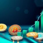 A vibrant digital illustration of a bullish Bitcoin trend represented by upward graphs, coins, and financial symbols in blue and green tones.