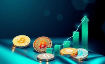 A vibrant digital illustration of a bullish Bitcoin trend represented by upward graphs, coins, and financial symbols in blue and green tones.