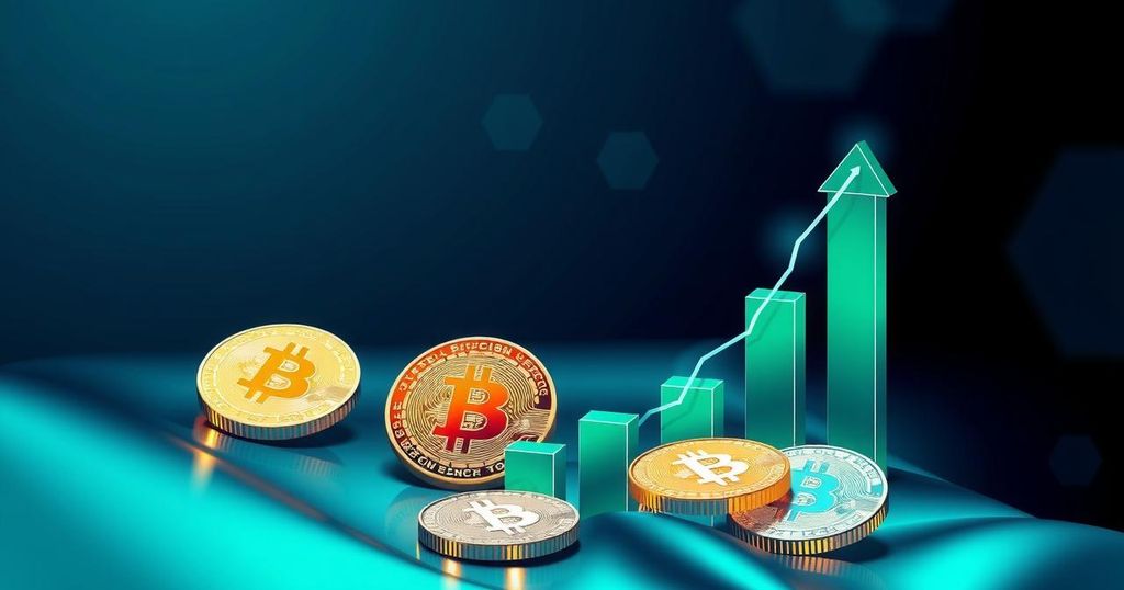 A vibrant digital illustration of a bullish Bitcoin trend represented by upward graphs, coins, and financial symbols in blue and green tones.