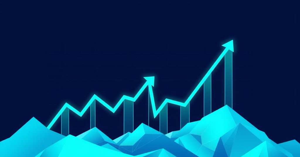 A graph showing a rising trend in cryptocurrency prices, with upward arrows and positive indicators, in blue and green tones.
