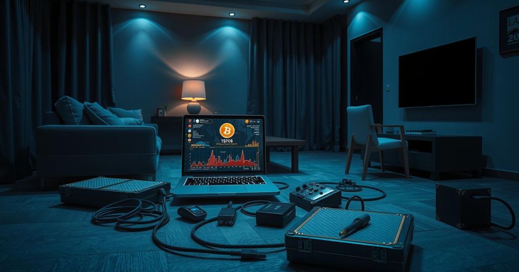 A dark, upscale apartment interior with ominous lighting, featuring a laptop and a stack of mysterious items, evoking tension.