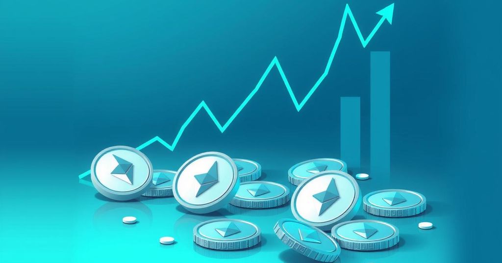 A digital illustration of Ethereum tokens with a subtle upward trend on a chart, featuring calming blue and green tones.