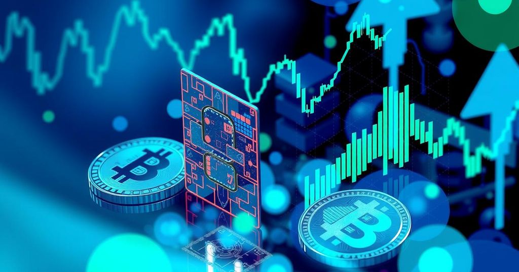 Abstract representation of cryptocurrency and stock market, featuring vibrant colours and blockchain motifs.