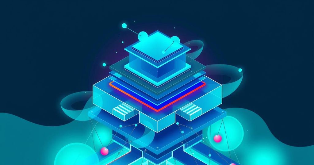 Abstract digital representation of Ethereum, emphasizing network growth with layered structures in vibrant blue and green.