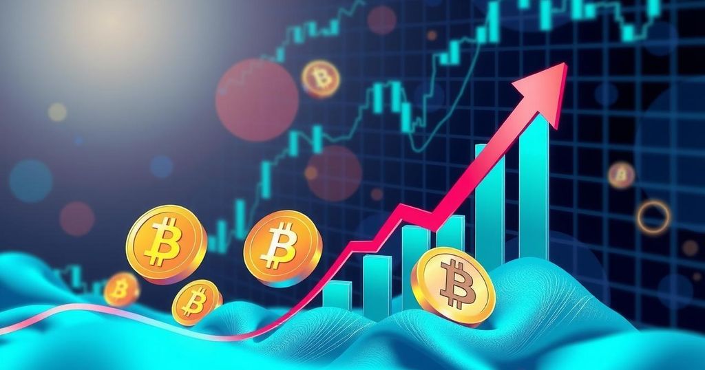 Stock market trend with upward momentum, Bitcoin symbols, and graphs in a digital art style using cool colour tones.