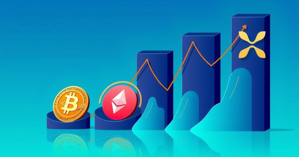 A digital representation of rising cryptocurrency prices with Bitcoin, Ethereum, and Ripple logo silhouettes against a gradient background.