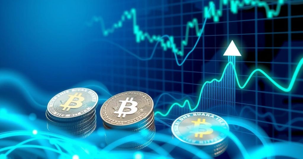 Futuristic digital cryptocurrency graphical illustration with colour gradients depicting rising market trends and coins