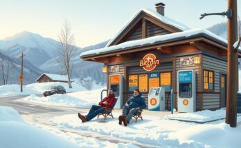 A snowy Aspen landscape with a classic gas station featuring a Bitcoin ATM and two flannel-clad figures nearby.