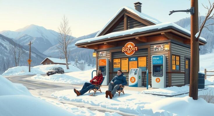 A snowy Aspen landscape with a classic gas station featuring a Bitcoin ATM and two flannel-clad figures nearby.