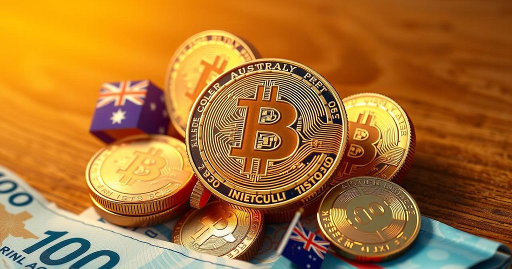 Bitcoin symbol with Australian currency elements and a background of golden hues illustrating financial growth.