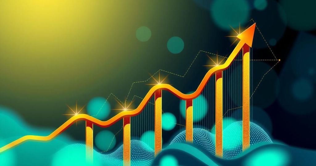 An upward graph showcasing Bitcoin price surging with green, blue, and gold hues representing market bullishness.