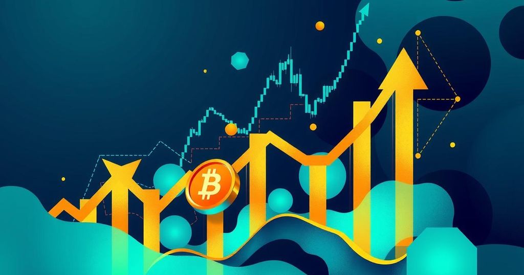 Abstract representation of rising cryptocurrency trends with bold candles and upward arrows in vibrant colours.