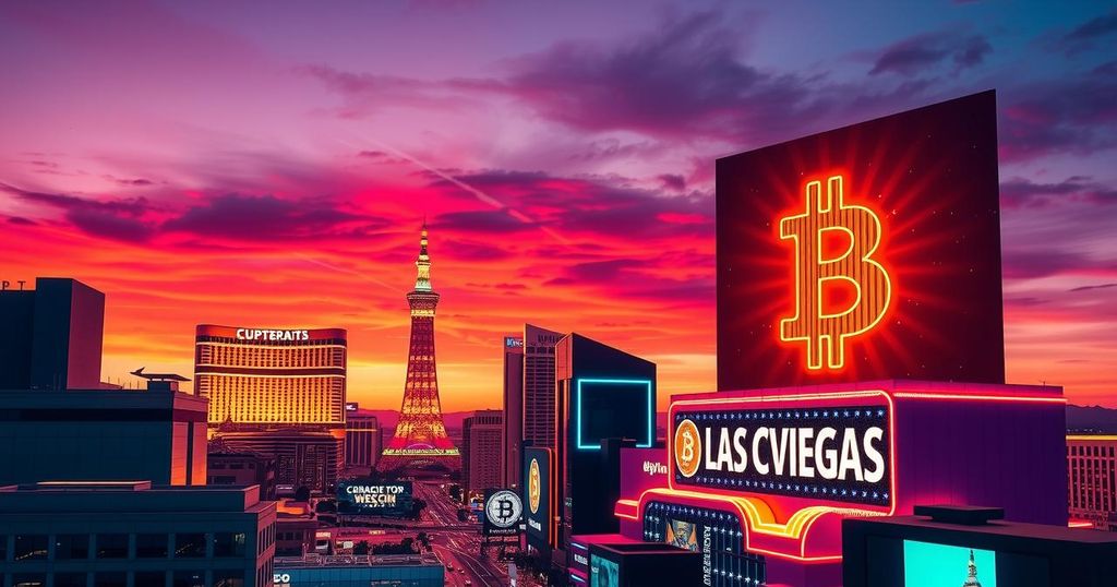 A vibrant Las Vegas skyline with a Bitcoin symbol, showcasing a cryptocurrency conference atmosphere.