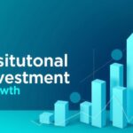 Digital artwork depicting institutional investment growth in cryptocurrency, using geometric shapes and a blue-green colour scheme.