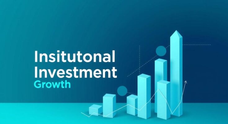 Digital artwork depicting institutional investment growth in cryptocurrency, using geometric shapes and a blue-green colour scheme.