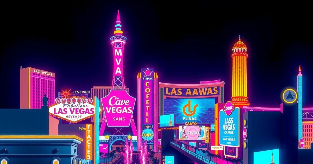 A skyline of Las Vegas showcasing vibrant neon lights and casino culture, representing innovation in cryptocurrency.