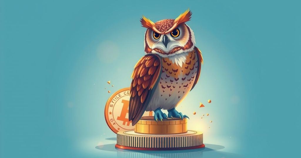 A wise owl perched on a digital currency coin, symbolising financial prudence and caution for elderly investors.