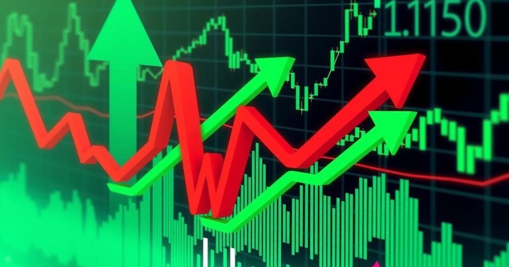 An abstract representation of Bitcoin market trends with green and red arrows and a dynamic graph background.