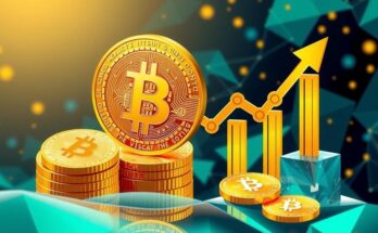 A vibrant digital art piece representing cryptocurrency, highlighting Bitcoin's growth with golden hues and geometric patterns.
