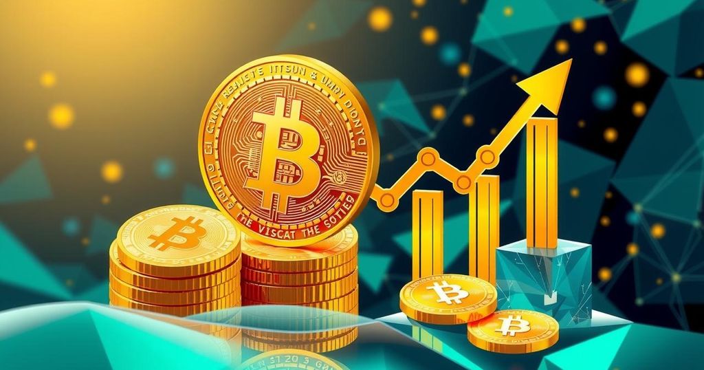 A vibrant digital art piece representing cryptocurrency, highlighting Bitcoin's growth with golden hues and geometric patterns.