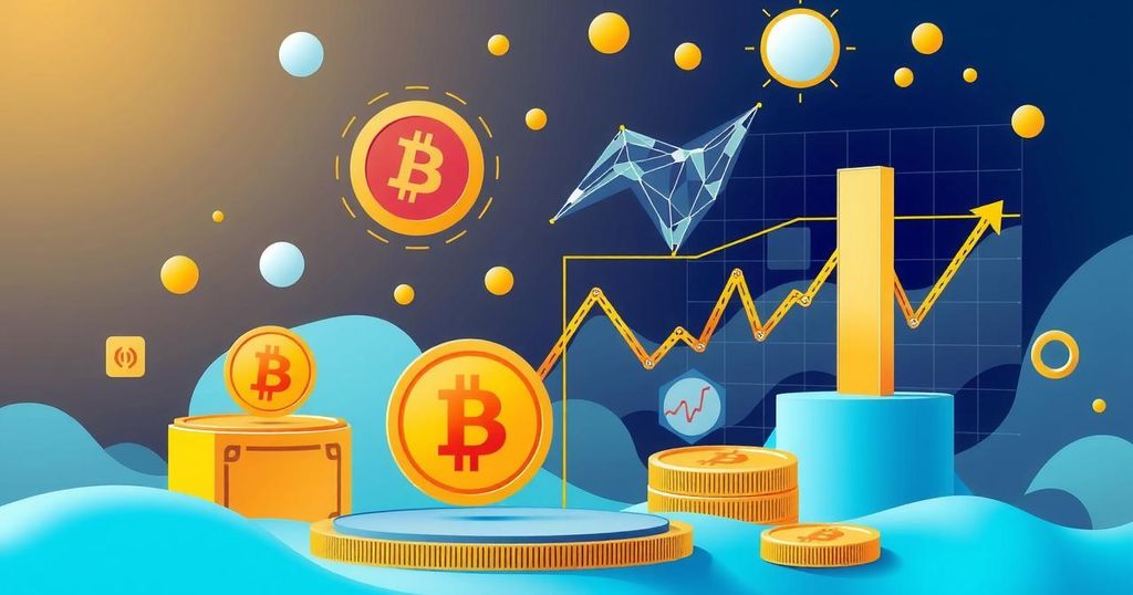 Bitcoin price predictions surrounded by charts and cryptocurrency symbols in a digital art style with vibrant colours.