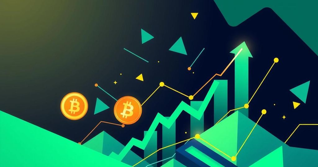 A digital art representation of cryptocurrency graphs showing upward trends, vibrant colours and abstract shapes.