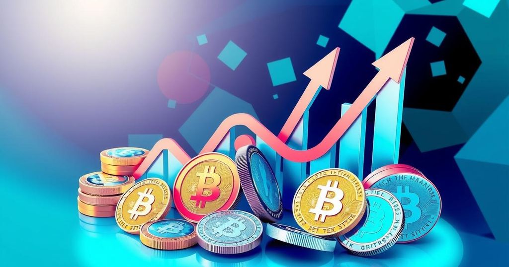 Vibrant digital art of a bullish cryptocurrency market, featuring coins and upward arrows against a bright background.