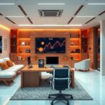 A sophisticated digital asset management office, minimalistic with tech gadgets, warm colour scheme, modern design.