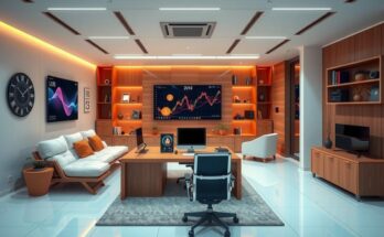 A sophisticated digital asset management office, minimalistic with tech gadgets, warm colour scheme, modern design.