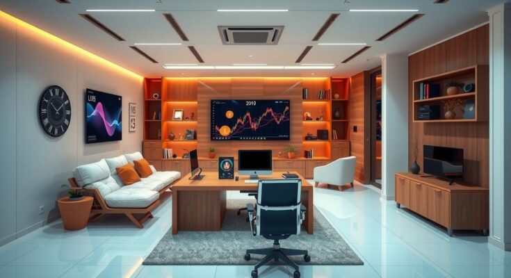A sophisticated digital asset management office, minimalistic with tech gadgets, warm colour scheme, modern design.