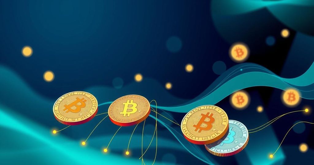 A digital abstract representation of cryptocurrency, featuring symbolic coins and circuit patterns in vibrant blue and green hues.