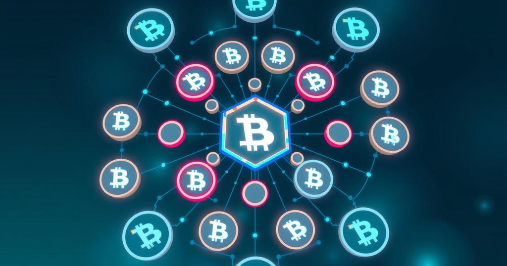 Digital commerce tokens symbolising futuristic finance, radiating from a central blockchain, cool colour palette, modern style.